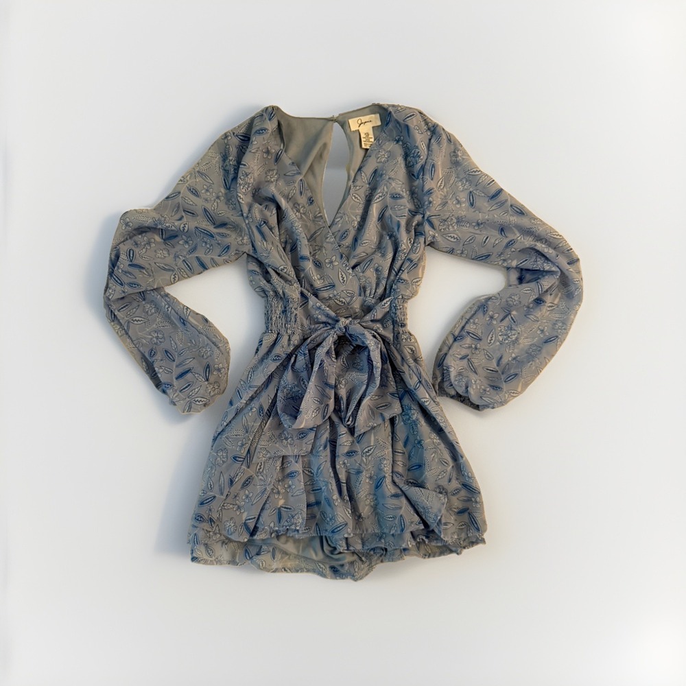 Japna Womens Blue Floral Long Sleeve Tiered Mini Dress XS Smocked Cottagecore